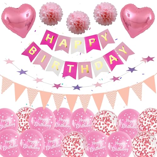 Geburtstagsdeko Luftballons Rosa Frauen Mädchen - Happy Birthday Banners mit Wimpel Sternen Girlande Pompons, Konfetti Ballons für Alle Altersgruppen Kindergeburtstag Geburtstags Deko von Runyuzi