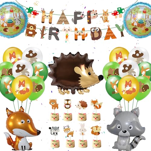 Runyuzi Safari Geburtstagsdeko Waldtiere Luftballons - 44 Stück Dschungel Geburtstag Deko Dschungel Happy Birthday Banner Fuchs Waschbär Igel Ballons für Kindergeburtstag Party Safari Geburtstagsdeko von Runyuzi