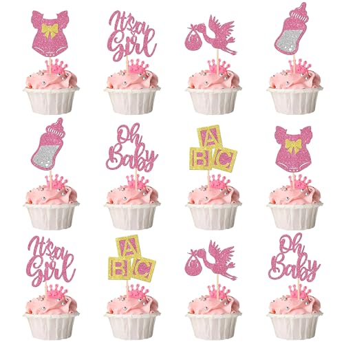 It's a Girl Cupcake Toppers - Babyparty Tortendeko Oh Baby Cake Topper Baby Shower Geburtstag Mädchen Rosa Glitzer Kuchen Cupcake Dekoration für Gender Reveal Party Taufe babyshowerparty Deko von Runyuzi