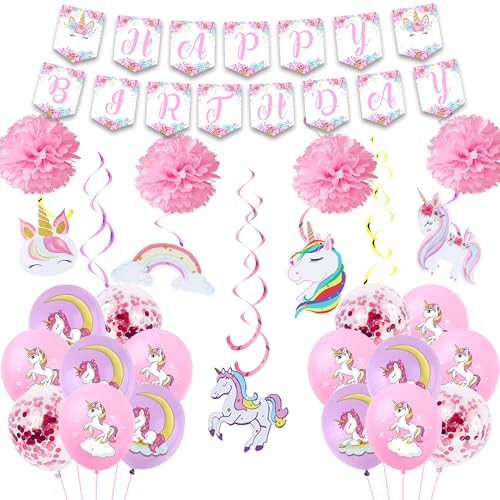 Einhorn Luftballons Geburtstag Deko Mädchen - 44 Stücke Rosa Kindergeburtstag Party Einhorn Hängende Wirbel Dekorationen Happy Birthday Banner Latex Luftballon Pompoms für Kinder Geburtstagsdeko von Runyuzi