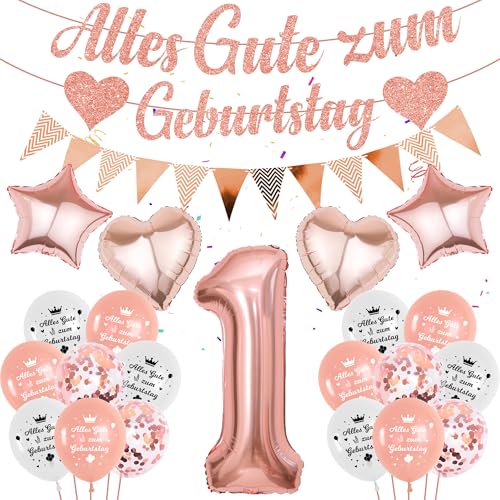 luftballon 1. Geburtstag Mädchen Rosegold - 57 Stücke Geburtstagsdeko 1 Jahr, Zahlen 1 Ballons Deko Alles Gute zum Girlande Folienballon Banner für Kindergeburtstag Roségold Dekoration von Runyuzi