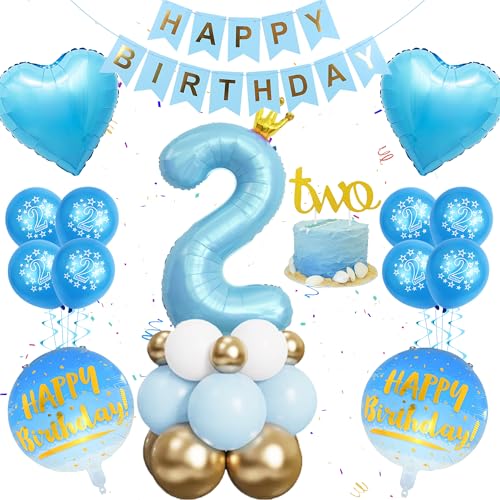 Luftballon 2. Geburtstag Junge Blau - 47 Stück 2. Geburtstag Deko, Happy Birthday Banner, Blaue Krone Zahl 2 Ballon, Geburtstagskuchendeko für Kindergeburtstag von Jungen Sohn oder Baby Shower Deko von Runyuzi