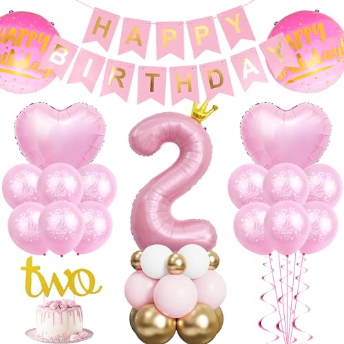 Luftballon 2. Geburtstag Mädchen Rosa - 47 Stück 2.Geburtstag Deko, Happy Birthday Banner, Rosa Krone Zahlen 2 Ballon, Birthday Kuchen Dekoration Für Kindergeburtstag Mädchen Tochter Babyparty Deko von Runyuzi