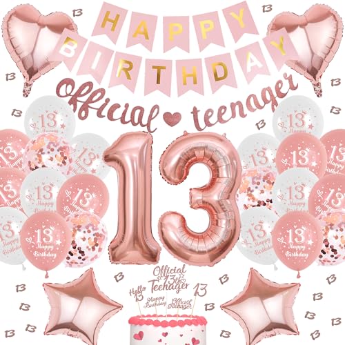 Offizielle Teenager 13. Geburtstag Deko - 50 Stück Roségold 13. Geburtstag Deko, Happy Birthday Banner, Folienballons Kuchendekoration, Offizielle Teenager Banner für Mädchen 13. Geburtstag Party Deko von Runyuzi