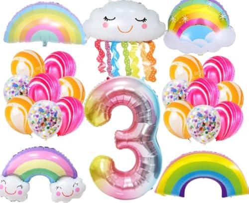 Geburtstags Deko Mädchen 3 Jahre - 22 Stück Regenbogen Deko 3 Jahre Geburtstag Ballon, Regenbogen Folienballons, Farbverlauf Ballon Nr. 3, Lächelnde Quasten Ballon, Für Mädchen 3.Geburtstag Party von Runyuzi