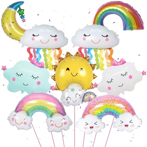 9 Stück Regenbogen Wolken Ballons - Regenbogen Geburtstag Deko Wolken Lächelnde Folienballon Lächelnde Quasten Folienballons Sonne Mond Ballons für Mädchen Jungen Regenbogen Geburtstag Party Deko von Runyuzi
