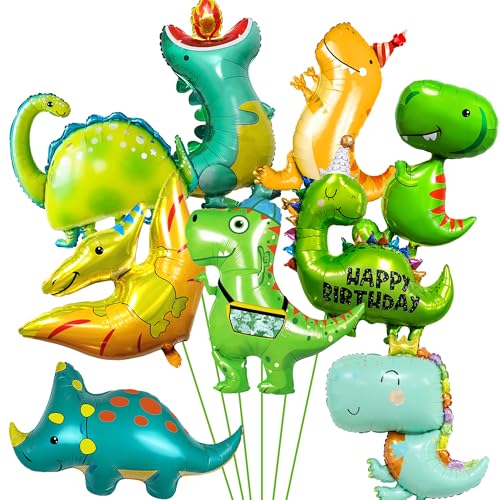 Riesen Dinosaurier Geburtstag Folienballon Deko - 9 Stück Dino Geburtstag Deko 3D Dinosaurier Luftballon Grün Tyrannosaurus Rex gelber Hut-Dino Kronen-Dino für Dinosaurier Kindergeburtstag Party Deko von Runyuzi