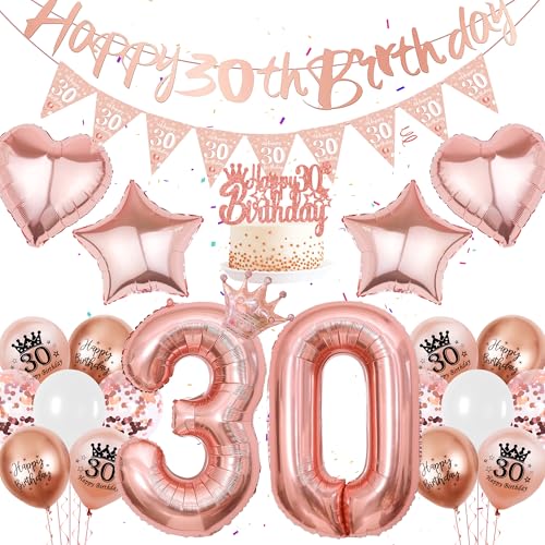 Rosegold 30. Geburtstag Deko Frauen - 34 Stück Roségold Party Deko, Happy Birthday Banner, Dreieckige Flagge Zahlenballon Kronen Liebesstern Ballon Kuchen Deko für 30-jährige Frauen Geburtstag Party von Runyuzi