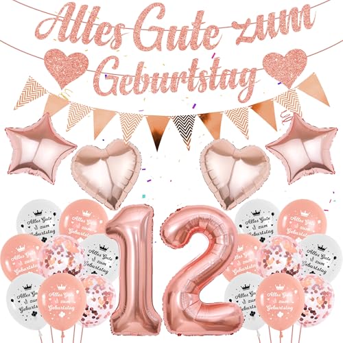 Deko 12 Jahre Geburtstag Mädchen - 58 Stücke 12. Geburtstagsdeko Luftballon Rosegold, Zahl 12 Ballons Alles Gute zum Girlande Folienballon für Kindergeburtstag Party Dekoration Geschenk von Runyuzi