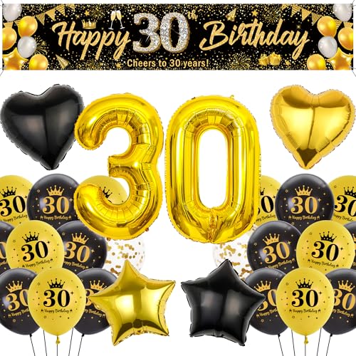 Runyuzi 30. Geburtstag Deko Mann Frauen - Schwarz Gold Geburtstagsdeko mit Happy 30th Birthday Banner Hintergrund, Zahl Sterne Herzform Folienballons Konfetti Luftballon für Geburtstagsparty von Runyuzi