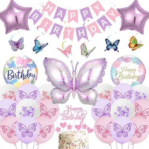 Schmetterling Deko Geburtstag Mädchen Set - 49 Stück Geburtstagsdeko mit Luftballons Happy Birthday Banner Girlande, Lila Stern Rund Folienballon Tortendeko für Kindergeburtstag von Runyuzi