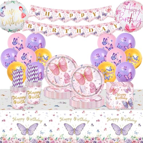 Schmetterling Geburtstag Deko Kinder Partygeschirr - 101 Stück Kindergeburtstag Partyzubehörset Ballons lila Tischdecken Tassen Strohhalme Servietten Happy Birthday Banner für Mädchen Party von Runyuzi