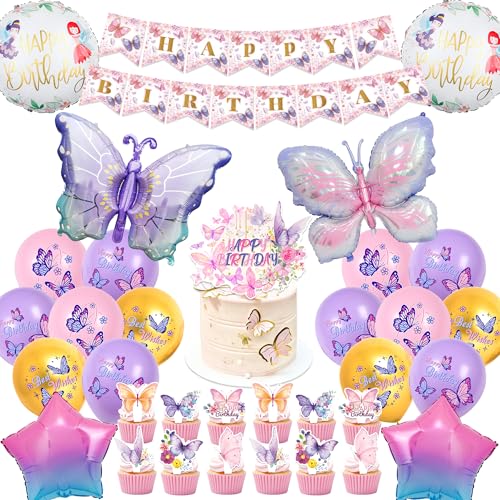 Schmetterling Geburtstag Deko Mädchen Kit - 49 Stück Kindergeburtstag Luftballon Lila Butterfly Ballons Stern Ballon Happy Birthday Banner Kucheneinsatz Kuchendekoration für Kinder Geburtstagsdeko von Runyuzi