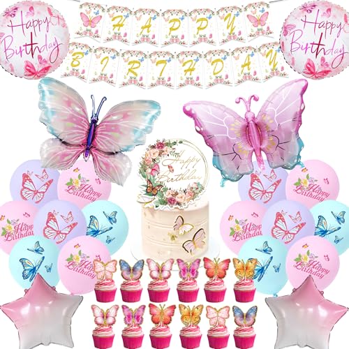 Schmetterling Geburtstag Deko Mädchen kit - 49 Stück Kindergeburtstag Luftballon Rosa Butterfly Ballons Stern Ballon Happy Birthday Banner Kucheneinsatz Kuchendekoration für Kinder Geburtstagsdeko von Runyuzi