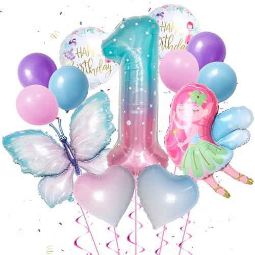 Schmetterlinge Feen Deko 1. Geburtstag - 13 Stück Deko Geburtstag 1 Jahr Mädchen Zahlen 1 Folienballon Schmetterling Luftballon Fee Folienballon Herzballons für 1 Jahr Geburtstag Mädchen Deko von Runyuzi