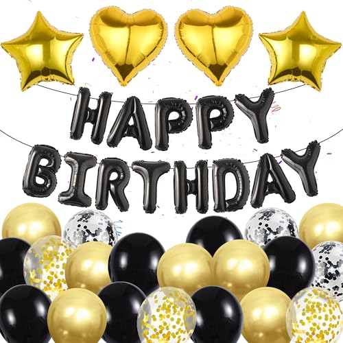 Schwarz Gold Geburtstag Dekoration Luftballons - 37 Stücke Happy Birthday Folienballons Banner Helium Ballon Girlande Geburtstagsdeko für Jungen Mädchen Frauen Mann Erwachsene Kinder Party Deko von Runyuzi