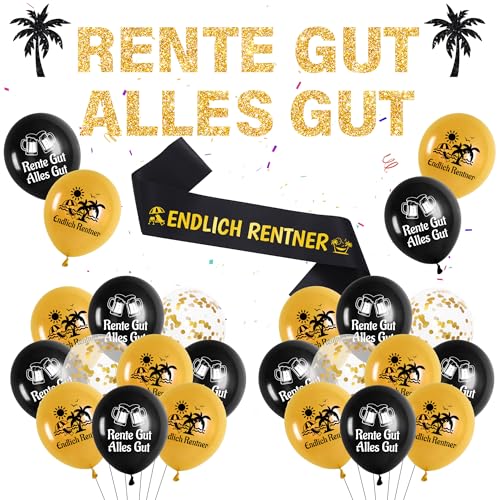 Schwarz Gold Rente Party Deko - 43 Stück Retirement Decoration, Rente Gut Alles Gut Banners, Ruhestand Ballons, Paillettenballon, ENDLICH RENTNER Schärpe für Männer, Frauen, Retirement, Farewell Party von Runyuzi