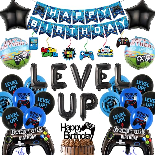 Videospiel Geburtstag Deko Jungen Gaming, 53 Stück Kindergeburtstag Blau Gamer Ballons Geburtstagsdeko Controller Folienballon Level Up Luftballon Happy Birthday Banner Hängende für Kinder Spiel Party von Runyuzi