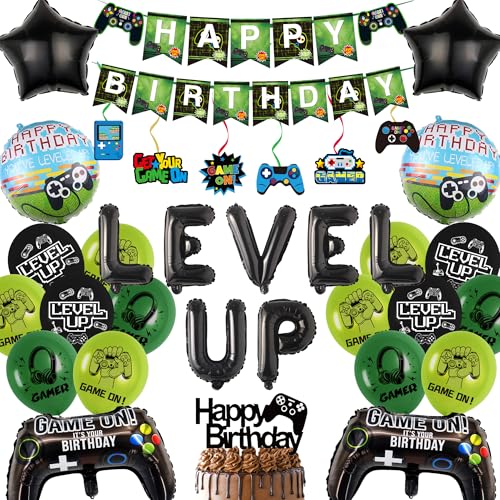 Videospiel Geburtstag Deko Jungen Gaming, 50 Stück Kindergeburtstag Grün Gamer Ballons Geburtstagsdeko Controller Folienballon Level Up Luftballon Happy Birthday Banner für Kinder Mädchen Spiel Party von Runyuzi