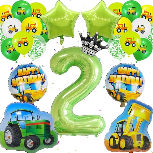 Traktor 2.Geburtstag Deko Junge - 23 Stück Tractor Party Deko, grüner Zahlenballon 2, Tractors Balloon, Bulldozer Folienballons, Pailletten Luftballons, Traktor Deko 2 Jahre Boy Kindergeburtstag von Runyuzi