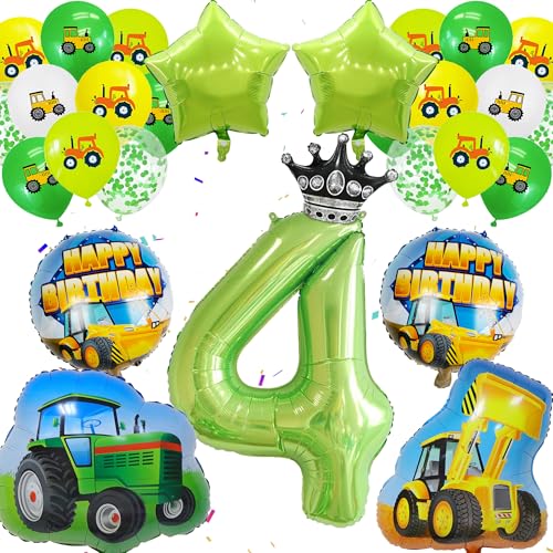 Traktor 4.Geburtstag Deko Junge - 23 Stück Tractor Party Deko, grüner Zahlenballon 4, Tractors Balloon, Bulldozer Folienballons, Pailletten Luftballons, Traktor Deko 4 Jahre Boy Kindergeburtstag von Runyuzi