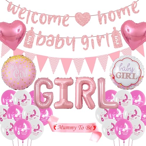 Welcome Home Baby Girl Deko - 63 Stück Baby Shower Dekorationen Luftballon Rosa Willkommen Zuhause Baby Banner, Its a Girl Herz Folienballon Wimpelkette für Mädchen Babyparty von Runyuzi