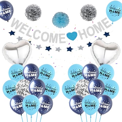 Welcome Home Deko Blaues Silber - Willkommen Zuhause Deko Banner, Stern Girlande, Herz Folienballons Konfetti Ballons für Kinder Erwachsene Babyshowerparty Home Party Familie Einweihung Party von Runyuzi