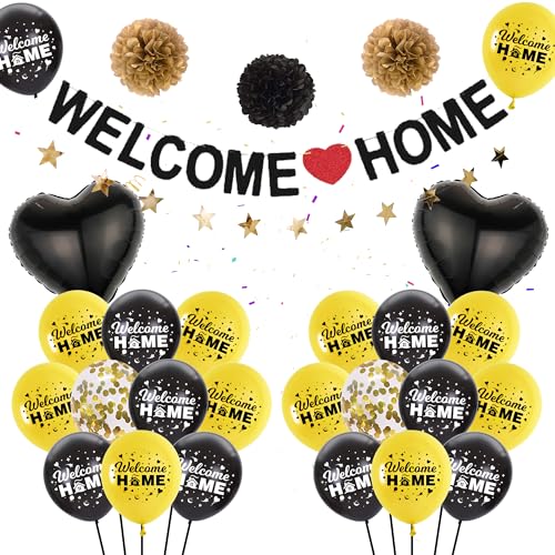 Welcome Home Deko Schwarzes Gold - Willkommen Zuhause Deko Banner, Stern Girlande, Herz Folienballons Konfetti Ballons für Kinder Erwachsene Babyshowerparty Home Party Familie Einweihung Party von Runyuzi