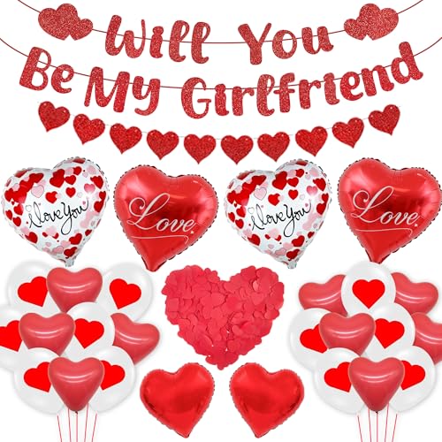 Will You Be My Girlfriend Girlande Deko, 60 Stück Valentinstag Deko Set mit Rote Herzballons und Rosenblätter, Romantische Dekoration für Geständnisse Heiratsantrag und Jahrestag von Runyuzi