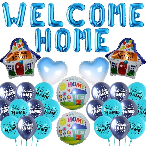 Herzlich Willkommen Zuhause Luftballon Kit - 37 Stück Welcome Home Baby Dekoration House Folienballon rund blau Herz Luftballon für Mann Frau Zurückkehren Einweihungsparty Geburt Hochzeit Party Deko von Runyuzi