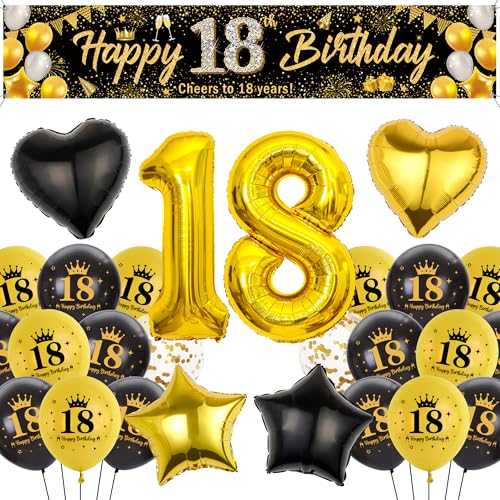 Runyuzi Deko 18. Geburtstag Junge Mädchen - Schwarz Gold Geburtstagsdeko mit Happy 18 Birthday Banner Hintergrund, Zahl Sterne Herzform Folienballons Konfetti Luftballon für Geburtstagsparty von Runyuzi