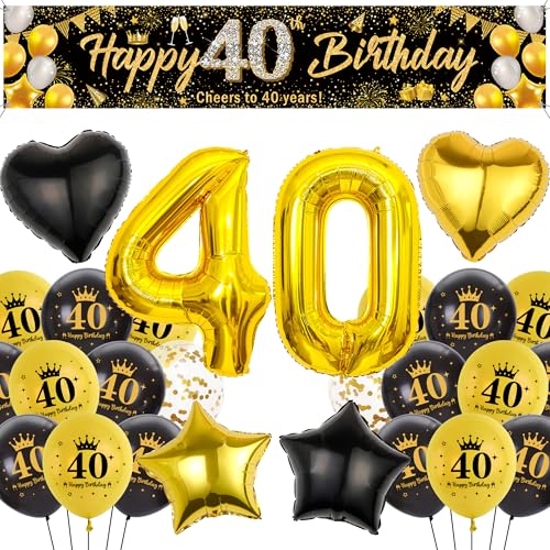 Runyuzi Deko 40. Geburtstag Männer Frauen - Schwarz Gold Geburtstagsdeko mit Happy 40 Birthday Banner Hintergrund, Zahl Sterne Herzform Folienballons Konfetti Luftballon für Geburtstagsparty von Runyuzi