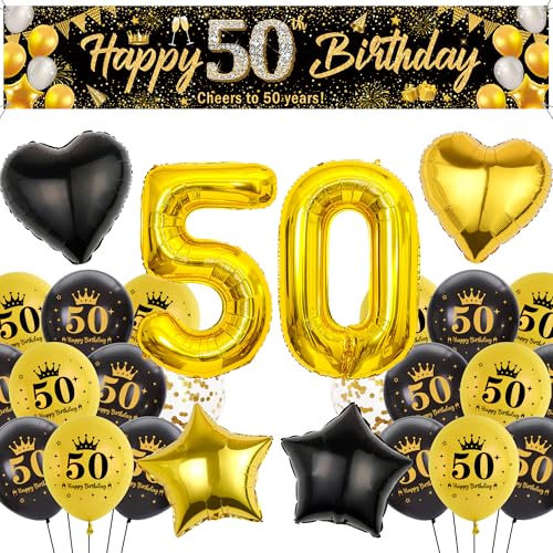 Runyuzi Deko 50. Geburtstag Mann Frauen - Schwarz Gold Geburtstagsdeko mit Happy 50 Birthday Banner Hintergrund, Zahl Sterne Herzform Folienballons Konfetti Luftballon für Geburtstagsparty von Runyuzi