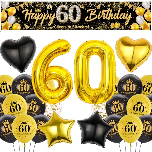 Runyuzi Deko 60 Geburtstag Mann Frauen - Schwarz Gold Geburtstagsdeko mit Happy 60 Birthday Banner Hintergrund, Zahl Sterne Herzform Folienballons Konfetti Luftballon für Geburtstagsparty von Runyuzi