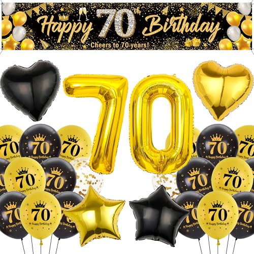 Runyuzi 70 Geburtstag Deko Mann Frauen - Schwarz Gold Geburtstagsdeko mit Happy 70th Birthday Banner Hintergrund, Zahl Sterne Herzform Folienballons Konfetti Luftballon für Geburtstagsparty von Runyuzi