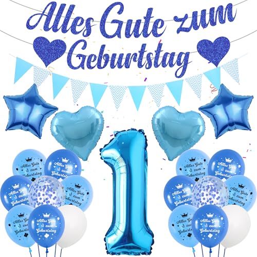 Runyuzi 1. Geburtstag Junge Blau Luftballon - Alles Gute Zum Geburtstag Deko Girlande Banner Wimpel, Riesen Zahl und Herzform Folienballon Konfetti Ballon für Kinder Geburtstagsdeko 1 Jahr Jungen von Runyuzi