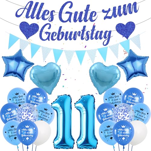 Deko 11 Geburtstag Junge Blau Luftballon - Alles Gute Zum Geburtstag Girlande Banner Wimpel, Riesen Zahl und Sterne Herzform Folienballon Konfetti Ballon für Kinder Geburtstagsdeko Jungen Mädchen von Runyuzi