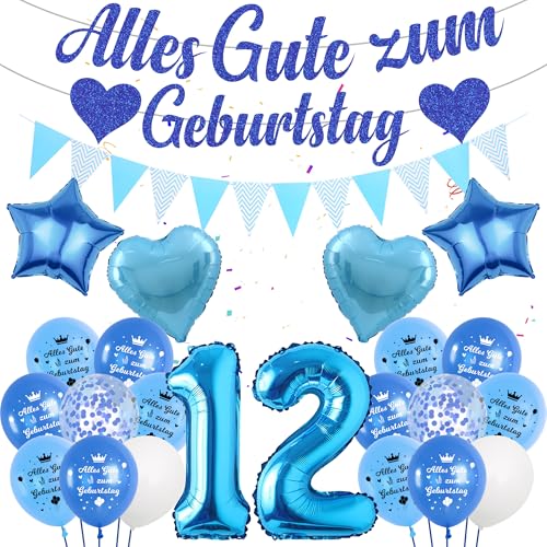 Deko 12 Geburtstag Junge Blau Luftballon - Alles Gute Zum Geburtstag Girlande Banner Wimpel, Riesen Zahl und Sterne Herzform Folienballon Konfetti Ballon für Kinder Geburtstagsdeko Jungen Mädchen von Runyuzi