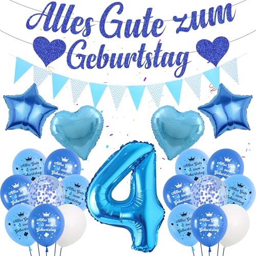 Deko 4. Geburtstag Junge Blau Luftballon - Alles Gute Zum Geburtstag Girlande Banner Wimpel, Riesen Zahl und Sterne Herzform Folienballon Konfetti Ballon für Kinder Geburtstagsdeko 4 Jahr Jungen von Runyuzi