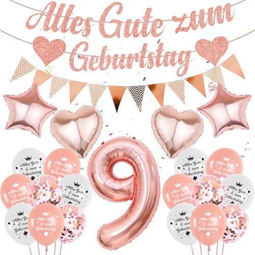 luftballon 9. Geburtstag Deko Rosegold - 57 Stücke Mädchen 9. Geburtstagsdeko Banner, Folienballon Zahl 9, 9 jahre Alles Gute zum Geburtstag Girlande für Kindergeburtstag Party Ballon Dekoration von Runyuzi