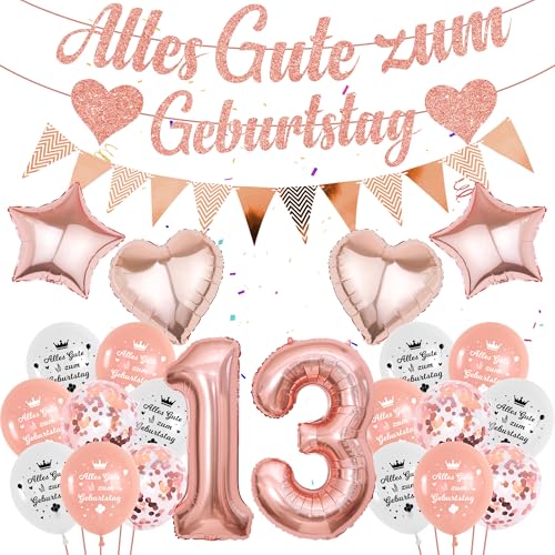 Rosegold Deko 13. Geburtstag Mädchen - 58 Stücke 13. Geburtstagsdeko luftballon Banner, Folienballon Zahl 13, 13 jahre Alles Gute zum Girlande Ballon für offizielle Teenager Party Dekoration von Runyuzi