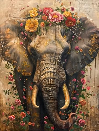 Elefant Malen Nach Zahlen Erwachsene Groß 80x110cm,Malen Nach Zahlen Blume,Bastelset Set für Erwachsene,DIY Handgemalt Ölgemälde Leinwand Kit mit Pinseln Acrylfarben,Home Dekor Frauen Geschenk M-611 von Ruohuo