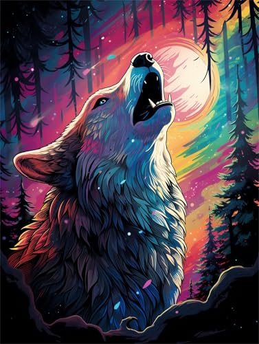 Wolf Malen Nach Zahlen Erwachsene Groß 100x135cm, Malen Nach Zahlen Mond, Bastelset Set für Erwachsene, DIY Handgemalt Ölgemälde Leinwand Kit mit Pinseln Acrylfarben, Home Dekor Frauen Geschenk M-231 von Ruohuo