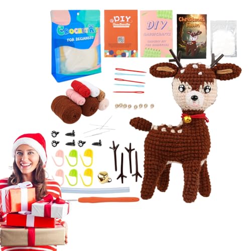 Ruoptree Weihnachts-Schneemann-Häkelpaket, Weihnachts-Häkelpaket für Anfänger,Häkelpuppen-Materialpaket - Bastelbedarf für Lebkuchenmann, Schneemann, Weihnachtsmann und Elch aus Wolle von Ruoptree