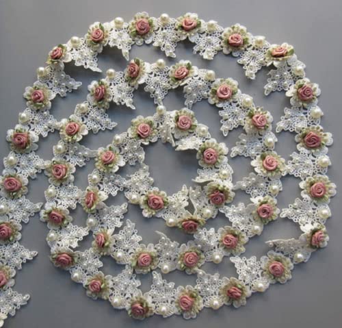 Ruoxian 91 cm DIY Nähzubehör Vintage Perle Rose Blumen bestickt Spitzenbesatz Stoff Blumenapplikationen Spitzenband Braut Ornamente Handarbeit Handwerk für Kostüm Hut Dekoration (91 cm Rose) von Ruoxian