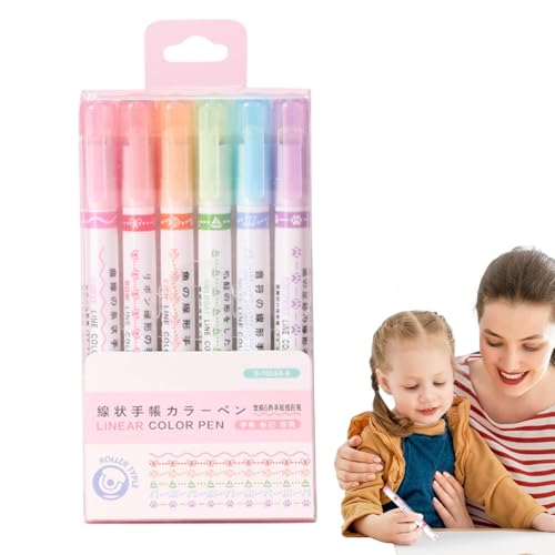 Rurunklee Farbige Kurve Textmarker-Stifte-Set, Marker, Textmarker, 6 Kurvenformen, Kurven-Textmarker-Stift-Set, Randdesign-Stifte, Kurven-Textmarker-Set zum Zeichnen, Notizen, Studieren von Rurunklee