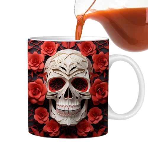 Rurunklee Skelett-Becher, Totenkopf- und Blumen-Tasse mit flachem 3D-Effekt, tragbare Totenkopf-Kaffeetasse mit lebendigen Farben, Keramik-Teetasse für Kaffee, Tee von Rurunklee