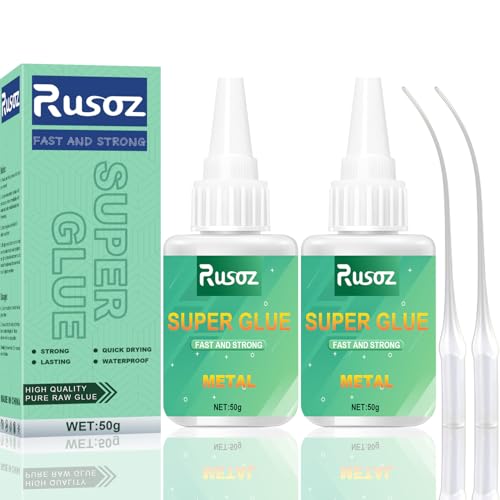 Rusoz Metallkleber Extra Stark 2 Flaschen 50g Sekundenkleber Metall Hitzebeständig Sekundenkleber Extra Stark Metall Kleber für Metall und Plastik, Glas, Holz, Schneller Aushärtung von Rusoz