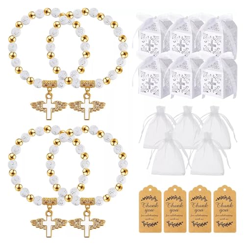 Ruspela Rosenkränze-Set, 20 Kreuz-Rosenkranz-Armbänder, 20 Taufgeschenkboxen, 20 Beutel, 20 Etiketten, Babyparty, Taufzubehör von Ruspela