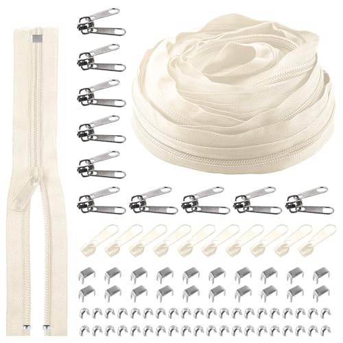 Rustark 1 Roll 10 Yard #5 Beige Nylon Zipper Tape Assortment Kit, Zippers for Sewing Nylon Coil Zipper Tape Zipper Strip Roll with Zipper Sliders Zipper Pull and Zipper Stops for Sewing DIY Craft Bags von Rustark